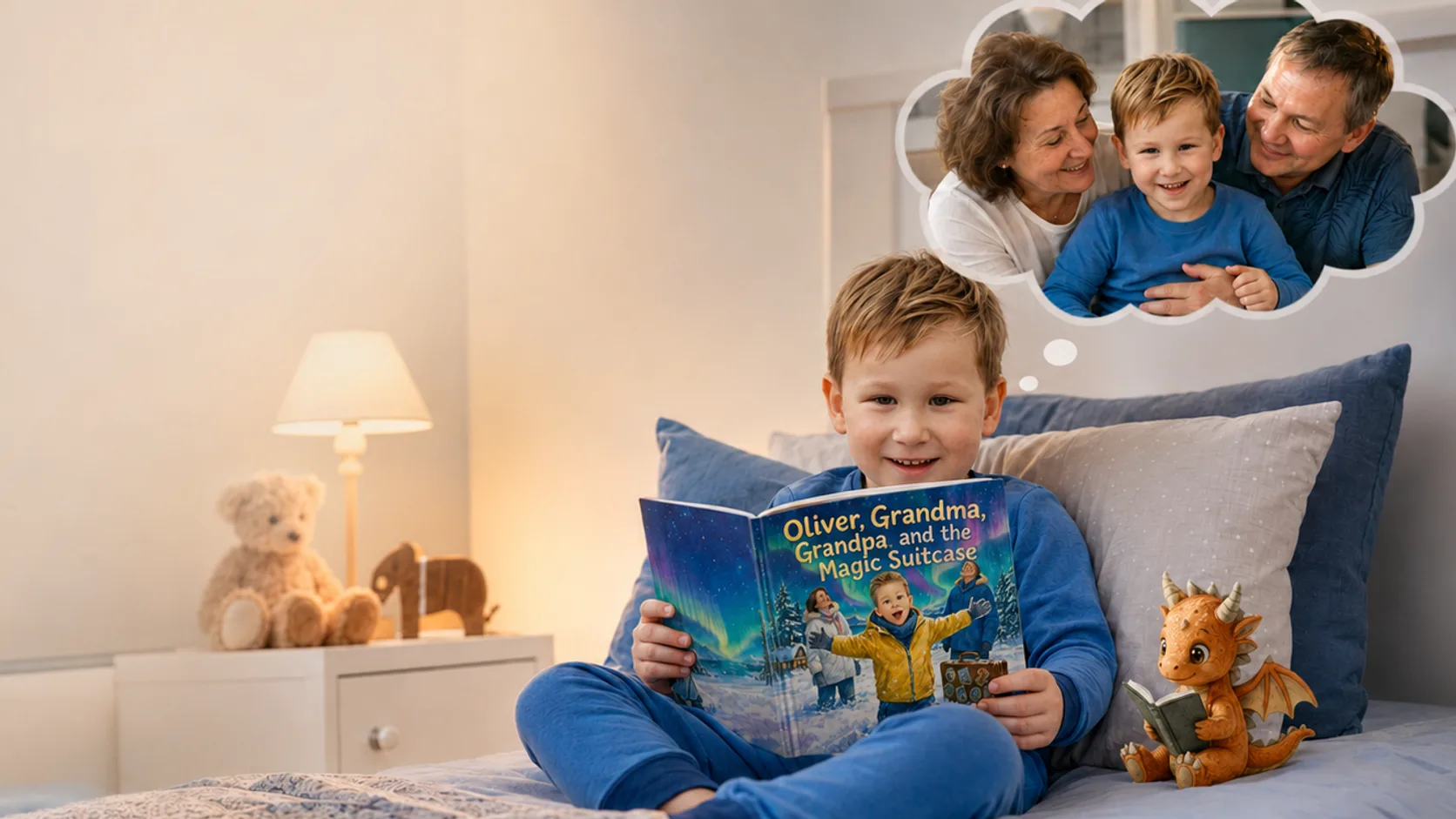 A child in bed reading their personalised Booku, with their grandparents pictured in a thought bubble above