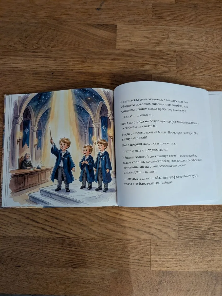 A spread of the printed book: Kolya and his friends at their wizard-school exam